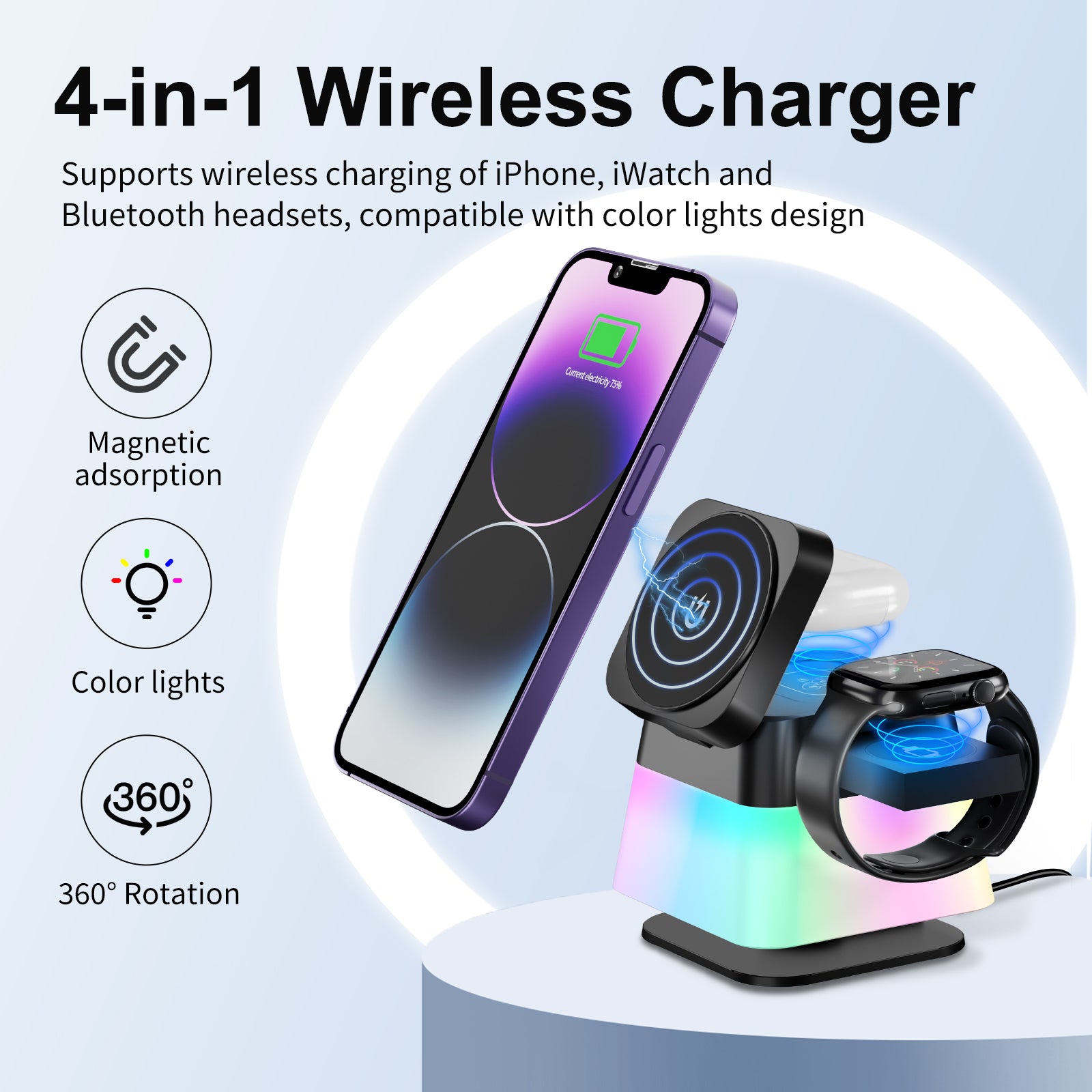 4 in 1 Rotatable Colorful Lighting Wireless Charger Stand